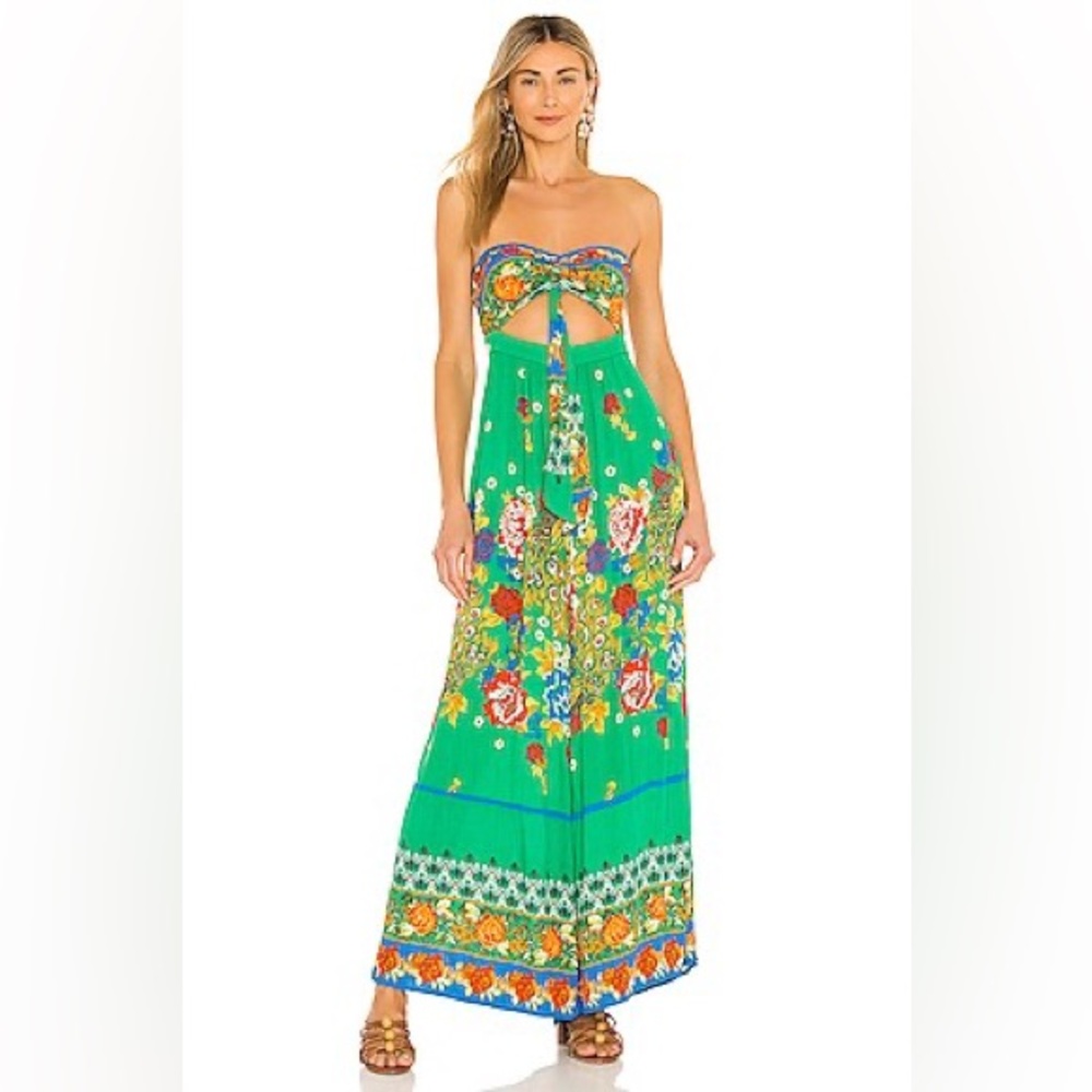 Free People Green Floral Strapless Jumpsuit